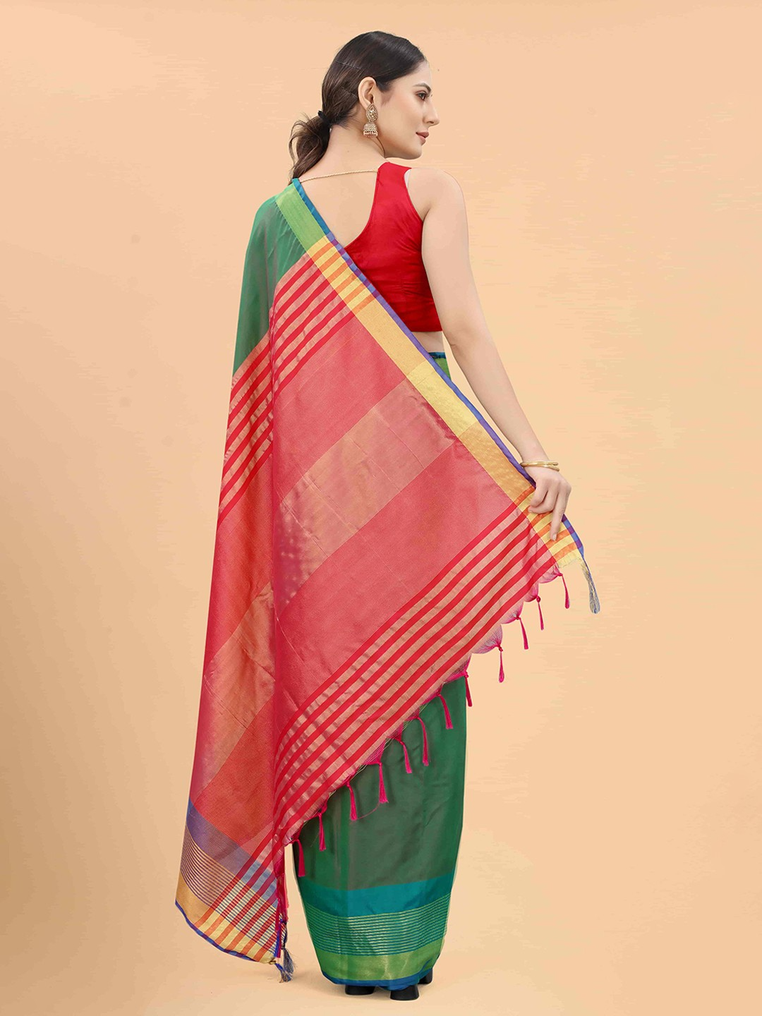 Silk Land - Green & Red Zari Art Silk Arani Saree