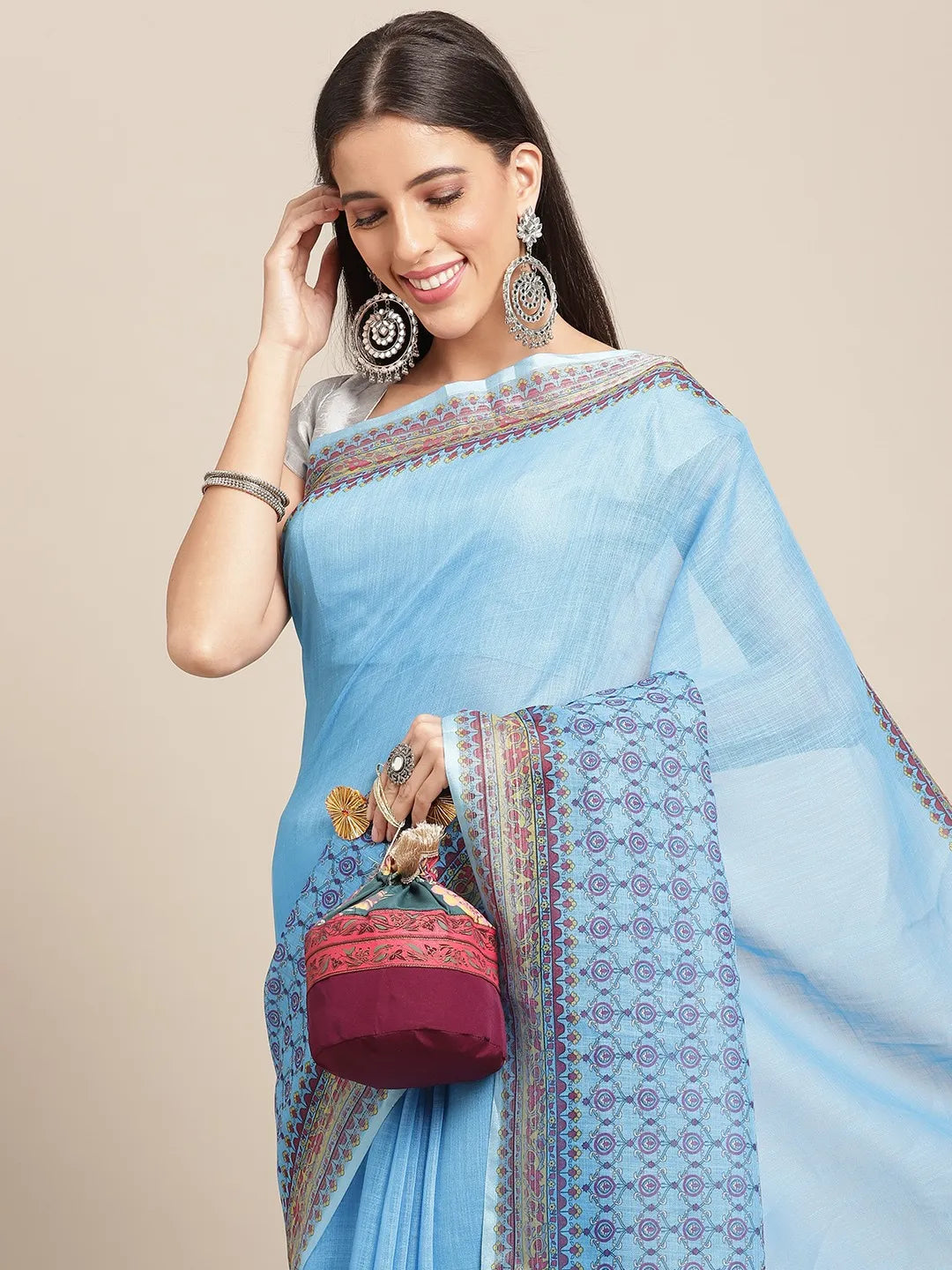 Anouk - Blue & Purple Solid Linen Blend Saree