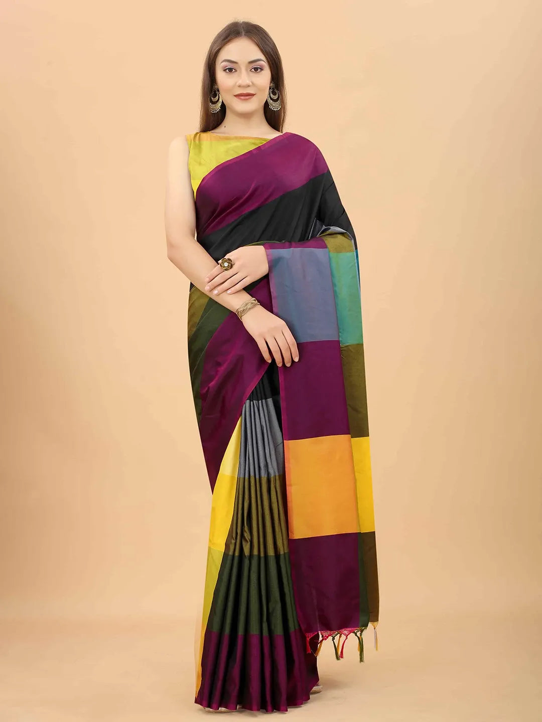 Silk Land - Purple & Yellow Colourblocked Art Silk Half and Half Uppada Saree