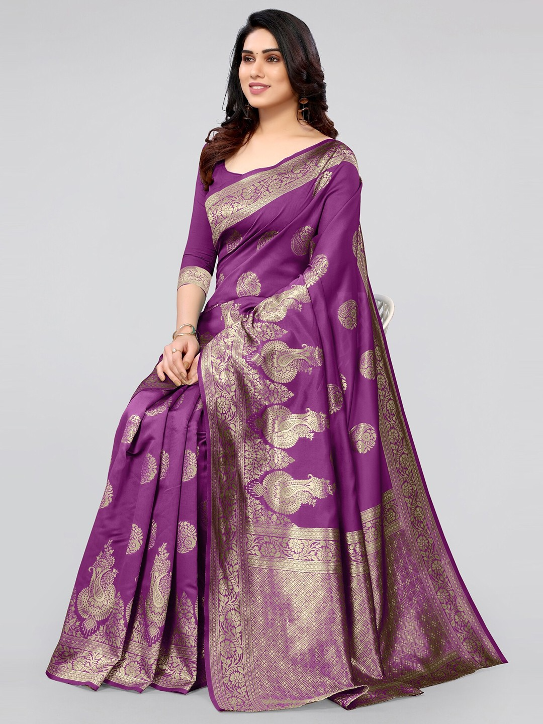 KALINI- Purple & Gold-Toned Woven Design Zari Silk Blend Banarasi Saree