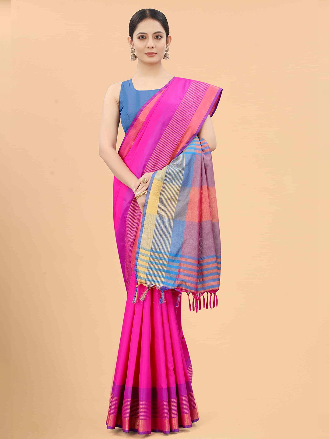 Silk Land - Pink & Blue Zari Art Silk Fusion Arani Saree