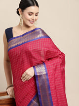 KALINI - Pink & Navy Blue Checked Zari Silk Cotton Saree