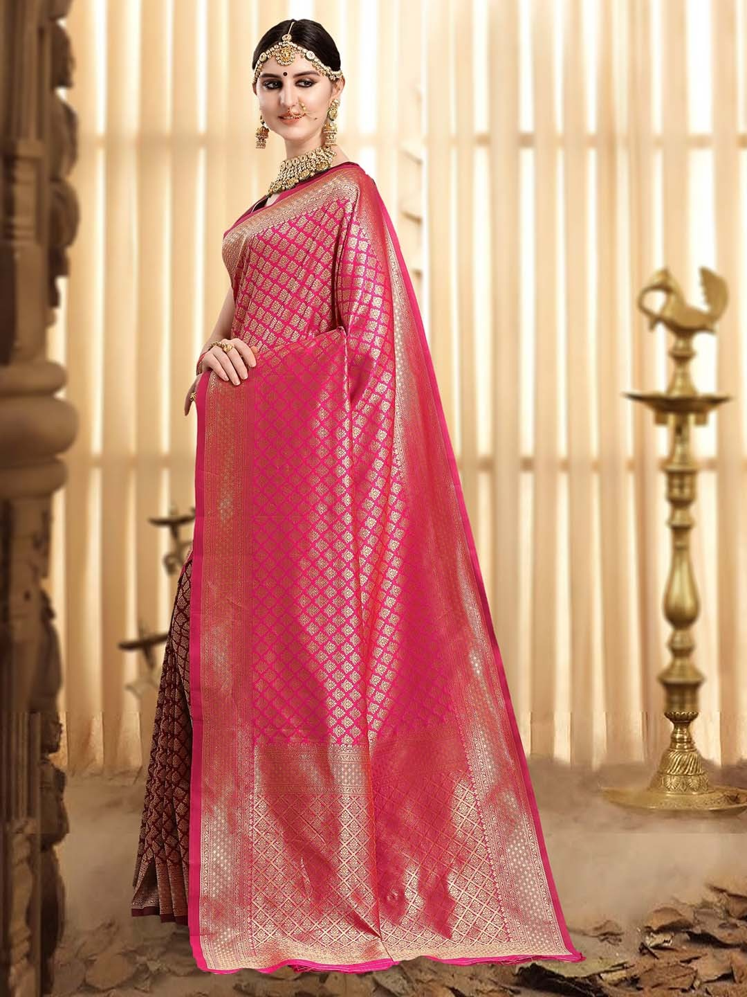 KALINI- Pink & Maroon Ethnic Motifs Zari Woven Design Half and Half Kanjeevaram Saree