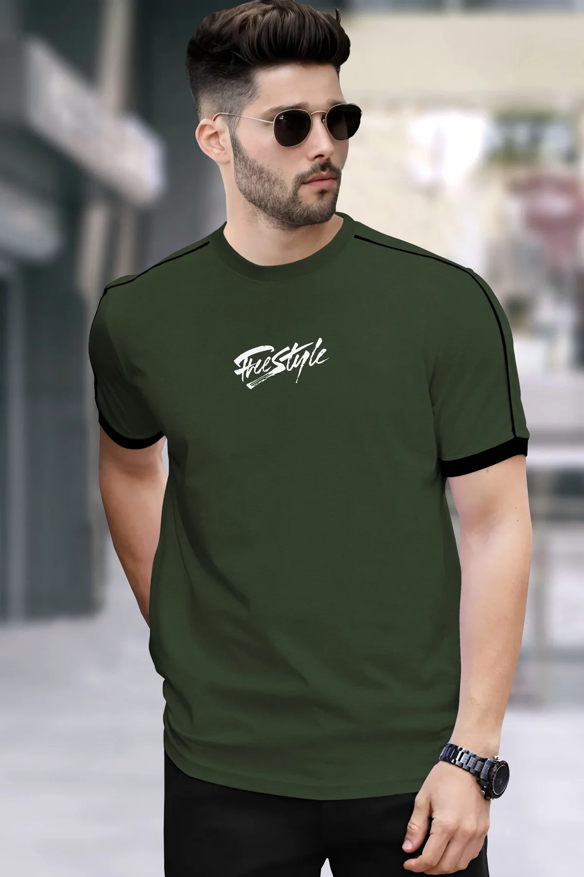 Men Round Neck Olive Green Black Piping T-Shirt