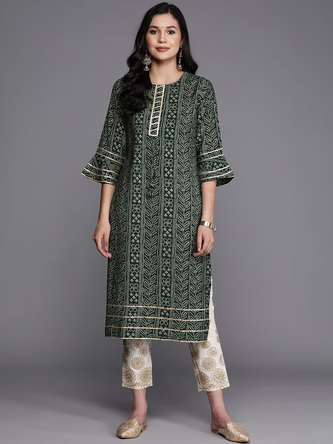 Green Printed Silk Straight Kurta