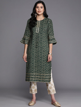 Green Printed Silk Straight Kurta