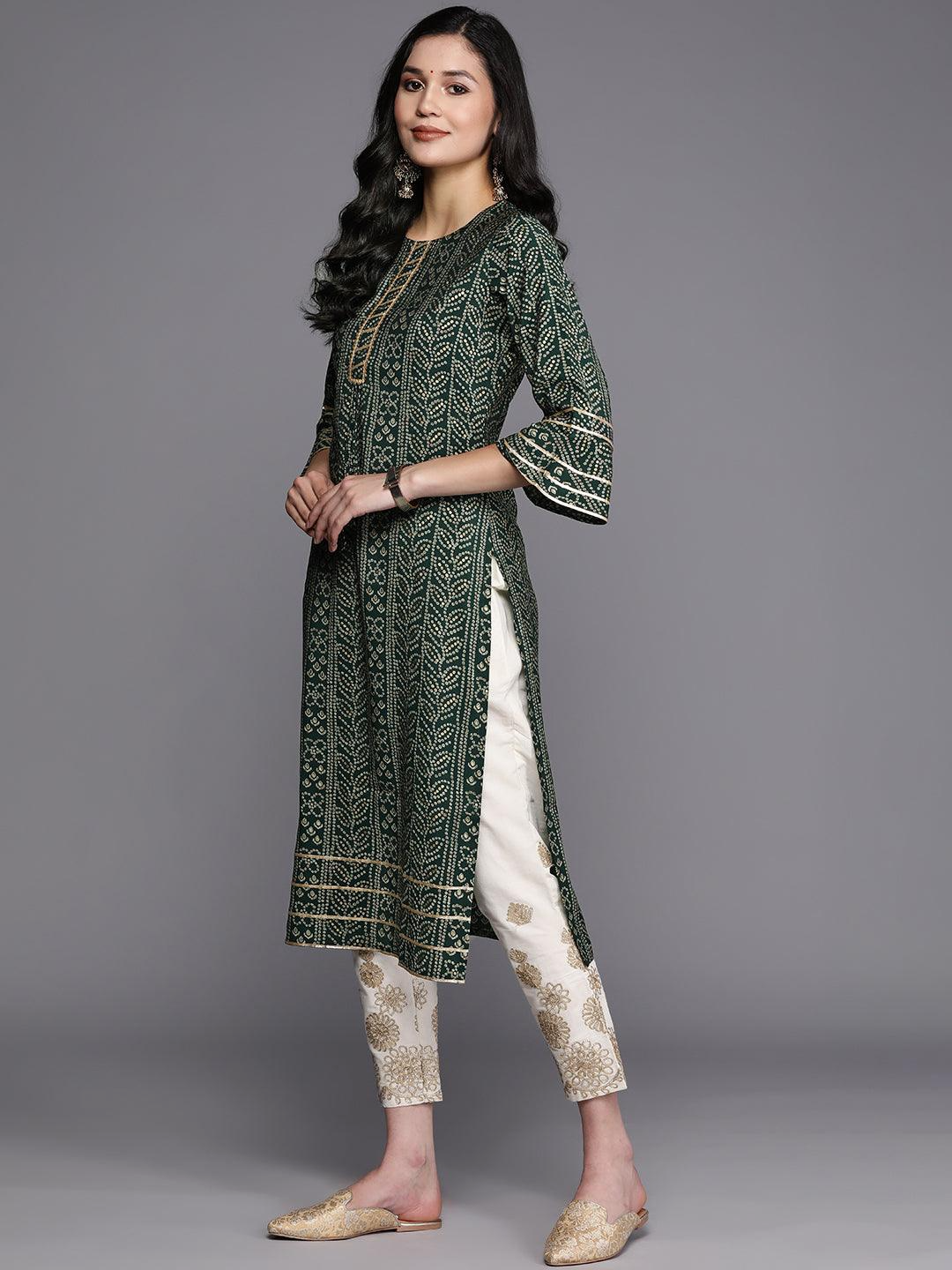 Green Printed Silk Straight Kurta