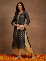 Grey Woven Design Chanderi Silk Straight Kurta