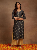 Grey Woven Design Chanderi Silk Straight Kurta