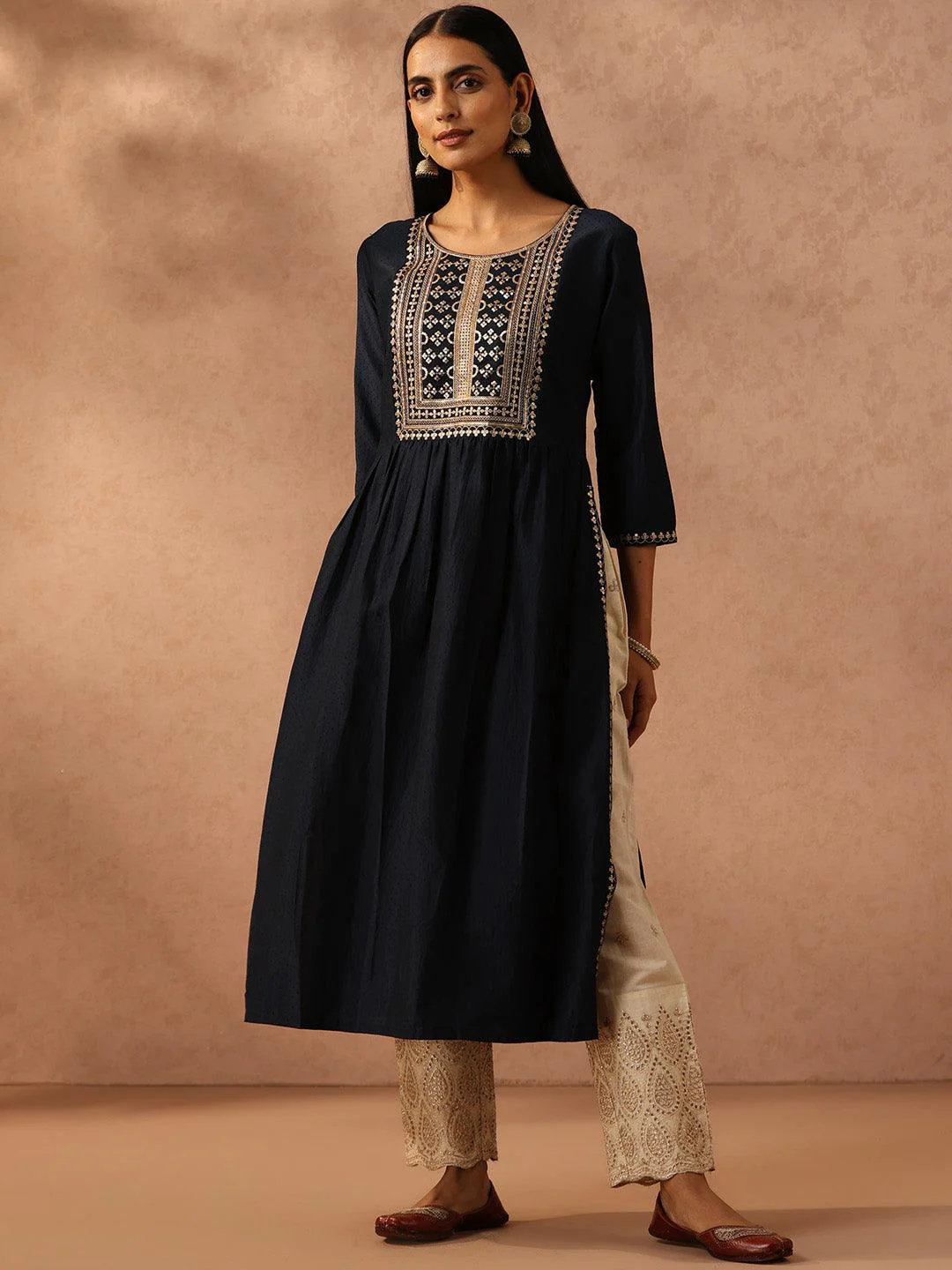 Navy Blue Yoke Design Silk A-Line Kurta