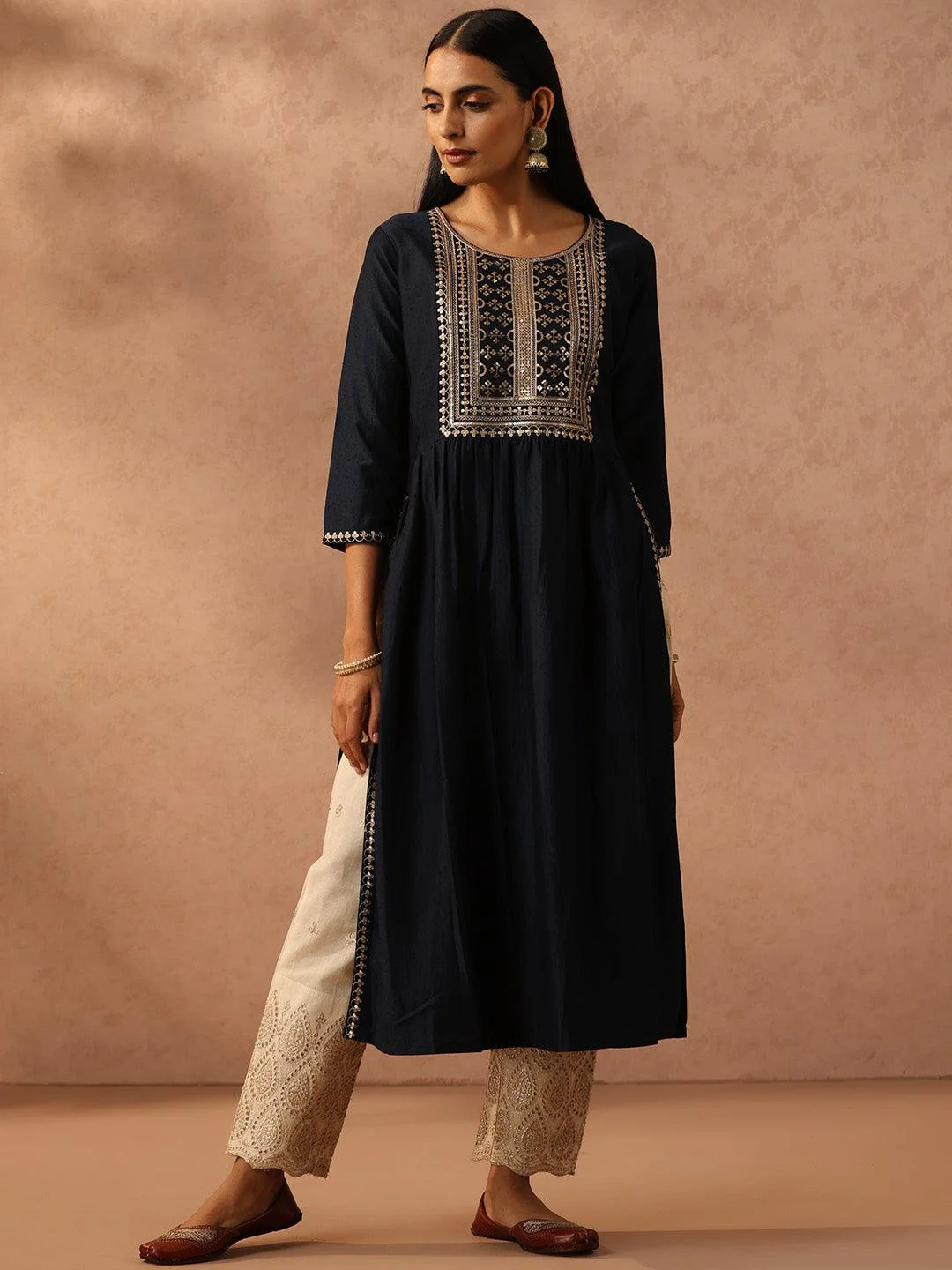 Navy Blue Yoke Design Silk A-Line Kurta