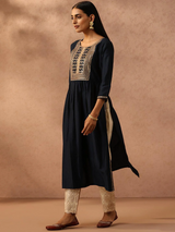 Navy Blue Yoke Design Silk A-Line Kurta