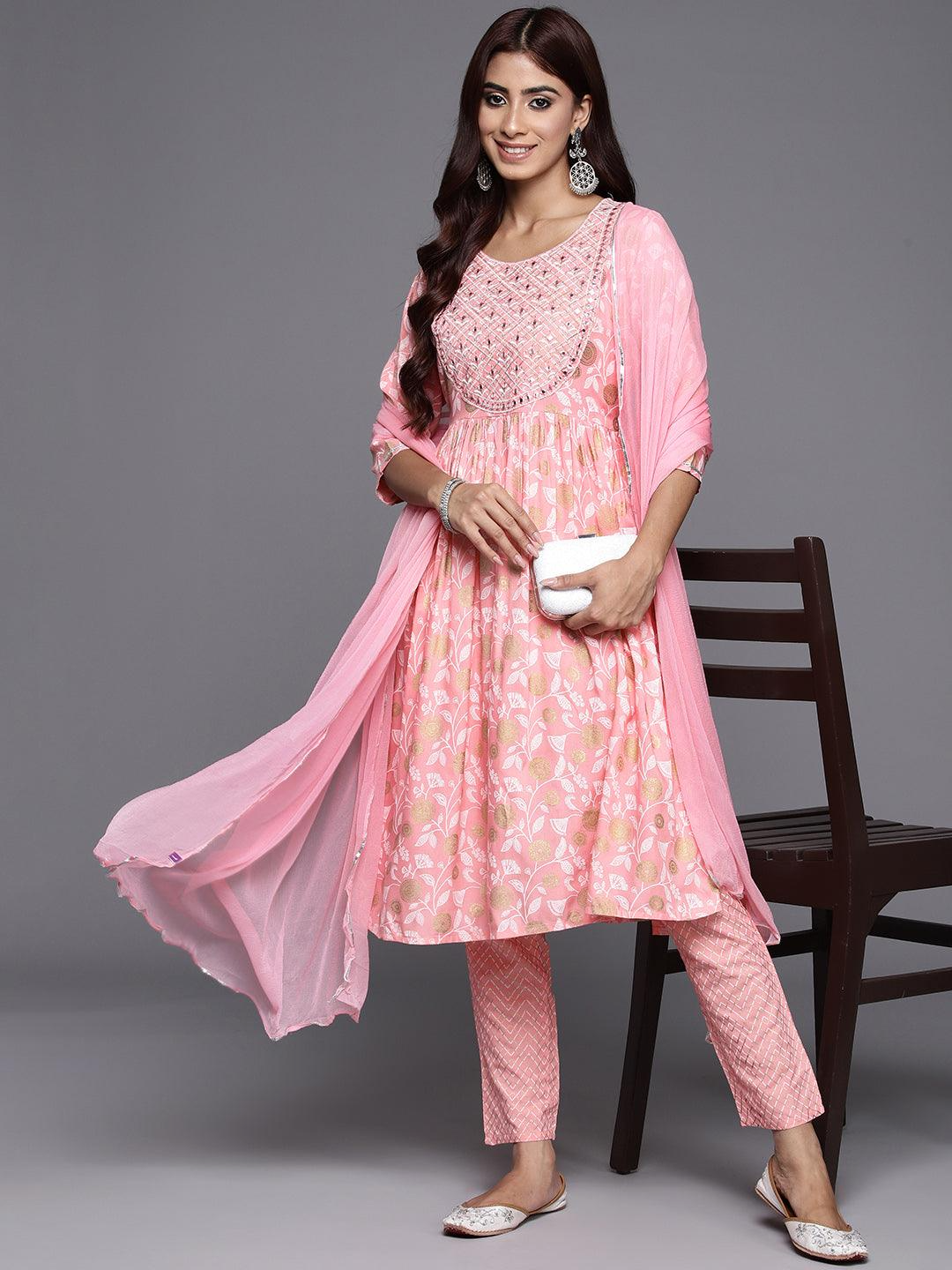 Pink Yoke Design Rayon A-Line Kurta With Trousers & Dupatta