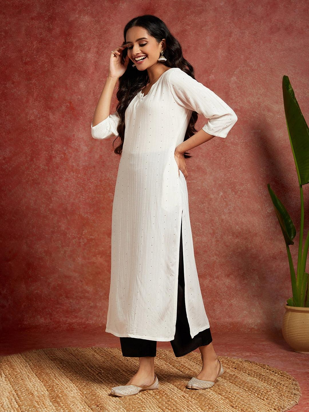 White Embellished Rayon Straight Kurta