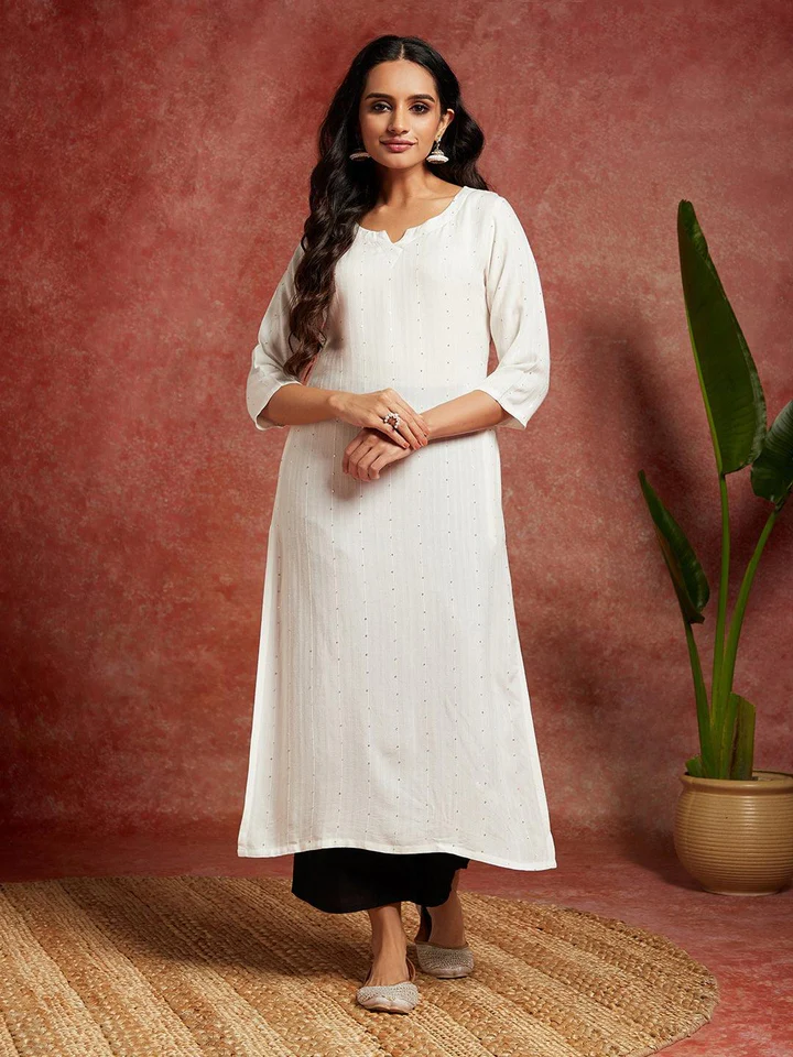 White Embellished Rayon Straight Kurta